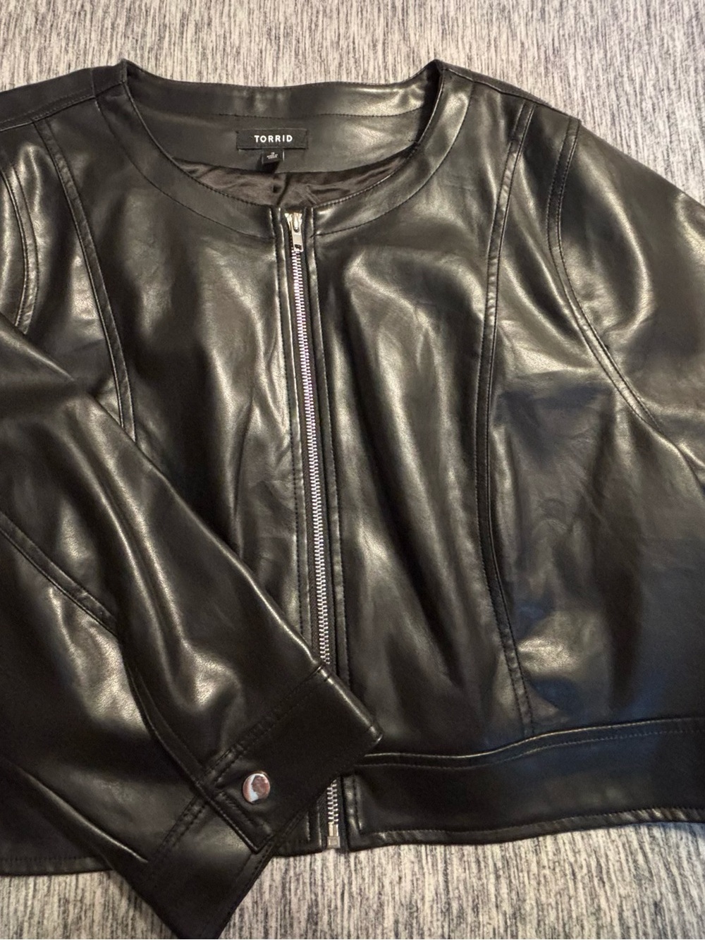 torrid Black Faux Leather Zip-Front Jacket with Round Neck